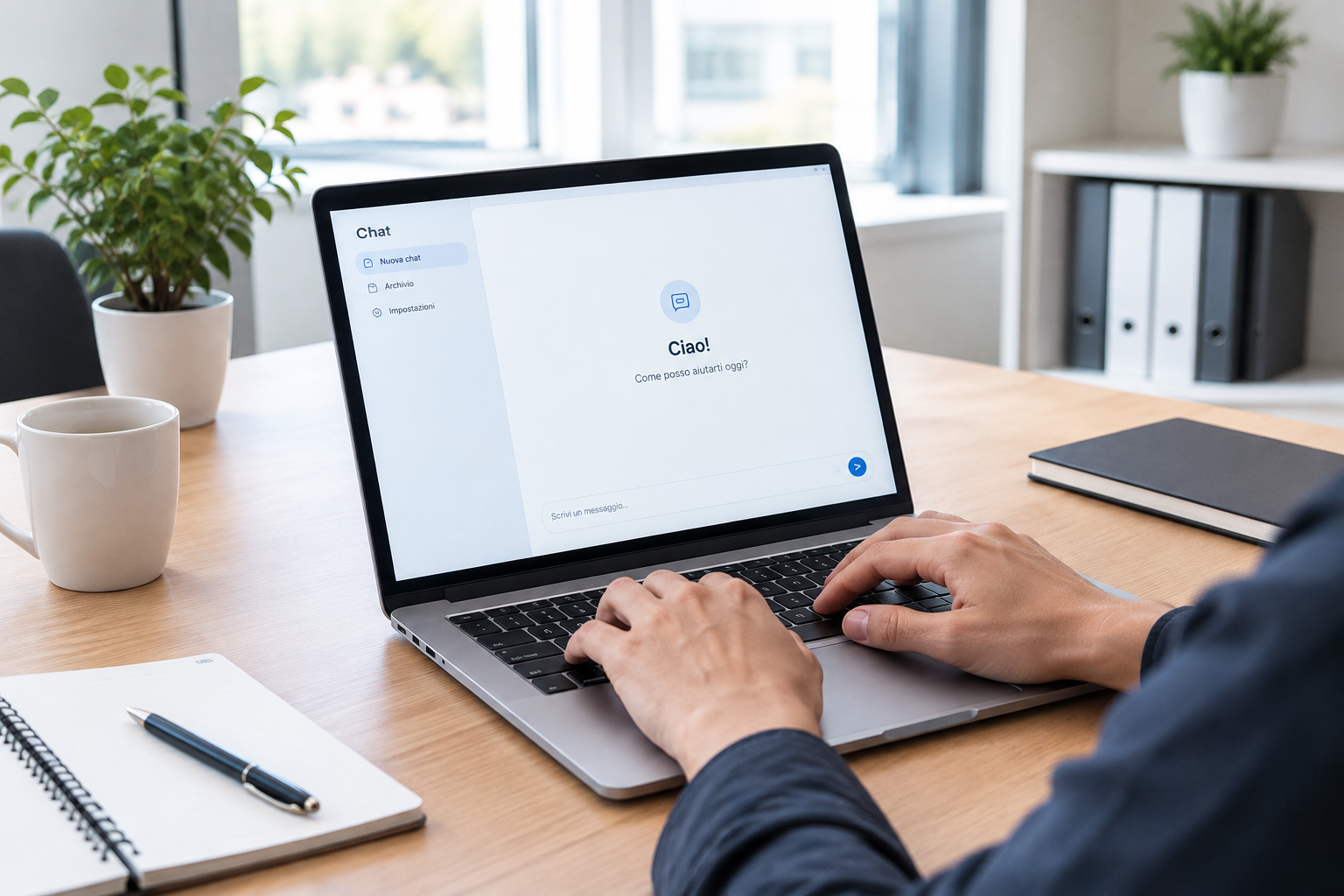 Mani che digitano su un laptop con interfaccia di chat minimale in un ufficio luminoso e ordinato.