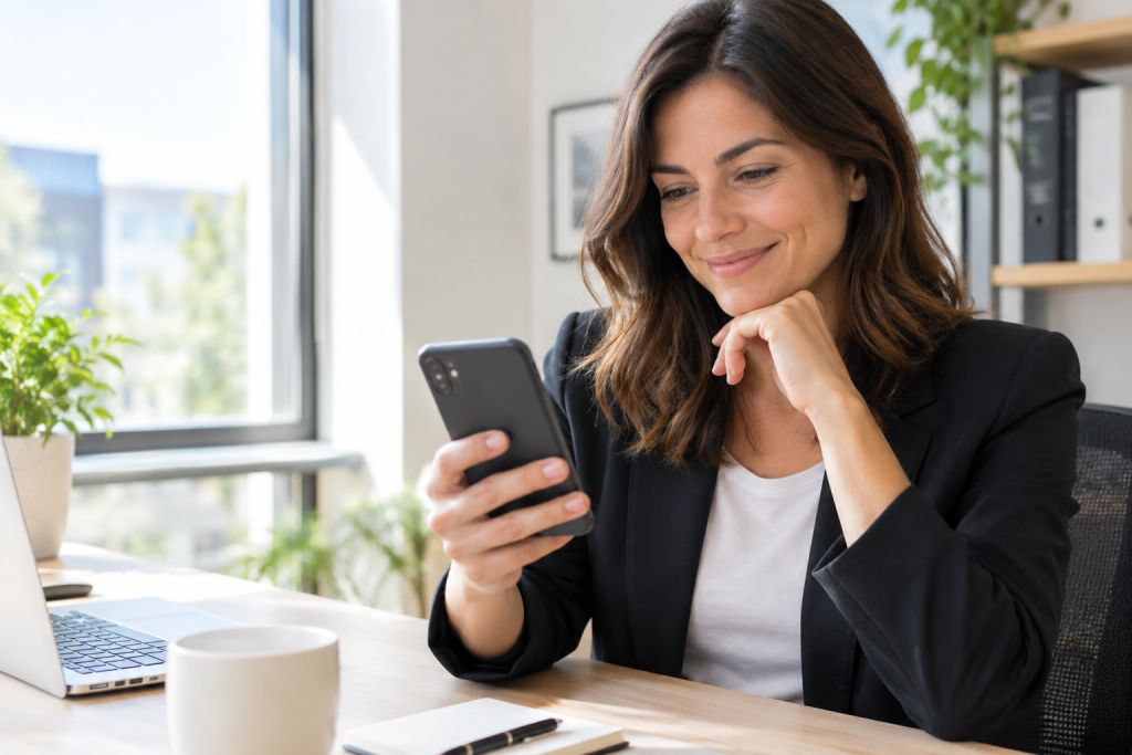 Persona che rilegge un'email su uno smartphone con espressione soddisfatta, luce naturale da finestra, ambientazione ufficio informale ma professionale.
